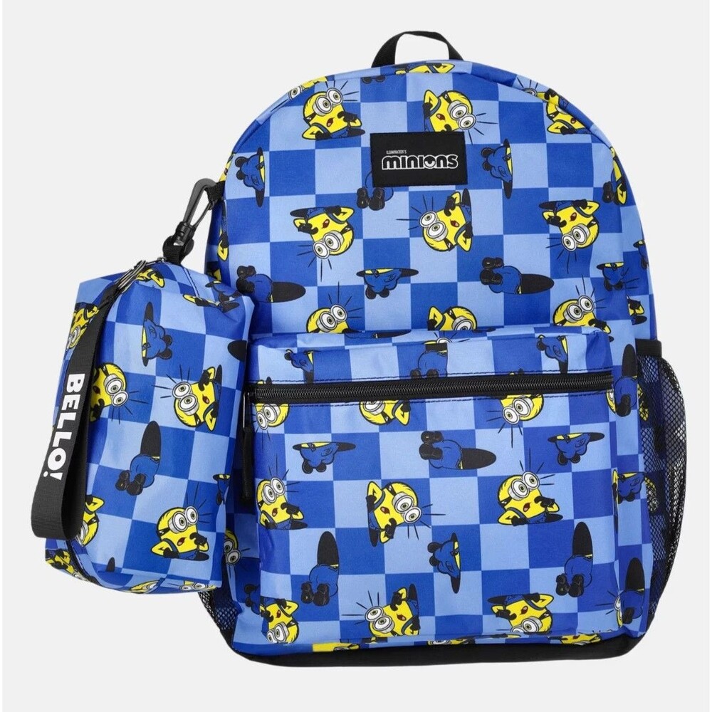 Minions School 17'' Backpack All Over Print Checkered Pencil Pouch New